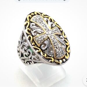 Sterling Silver Ring with Gold Accents and CZ open Work Cross Statement Ring